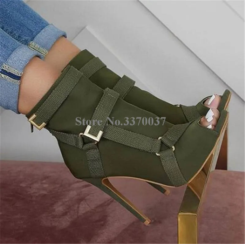 New Design Women Fashion Peep Toe Suede Leather Stiletto Heel Short Boots Buckles Strap Black Army Green High Heel Ankle Booties