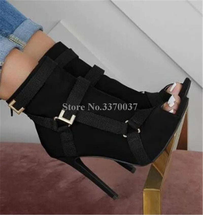 New Design Women Fashion Peep Toe Suede Leather Stiletto Heel Short Boots Buckles Strap Black Army Green High Heel Ankle Booties