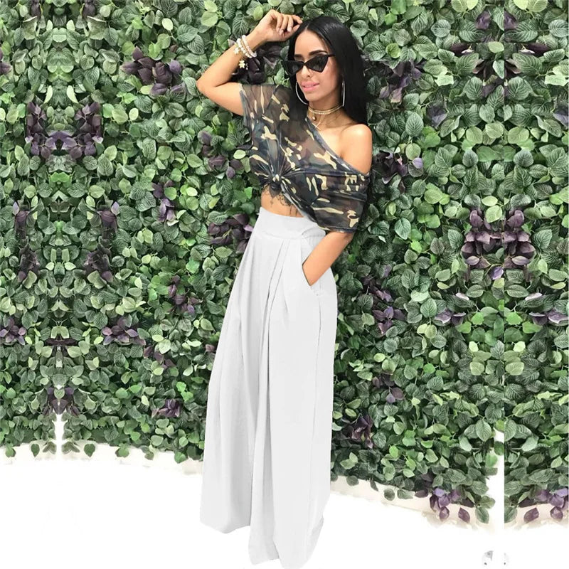 Women Casual Loose Palazzo Pants Autumn High Waisted Wide Leg Trousers Pleated Long Culottes Pants Elastic Waist Trouser Pockets