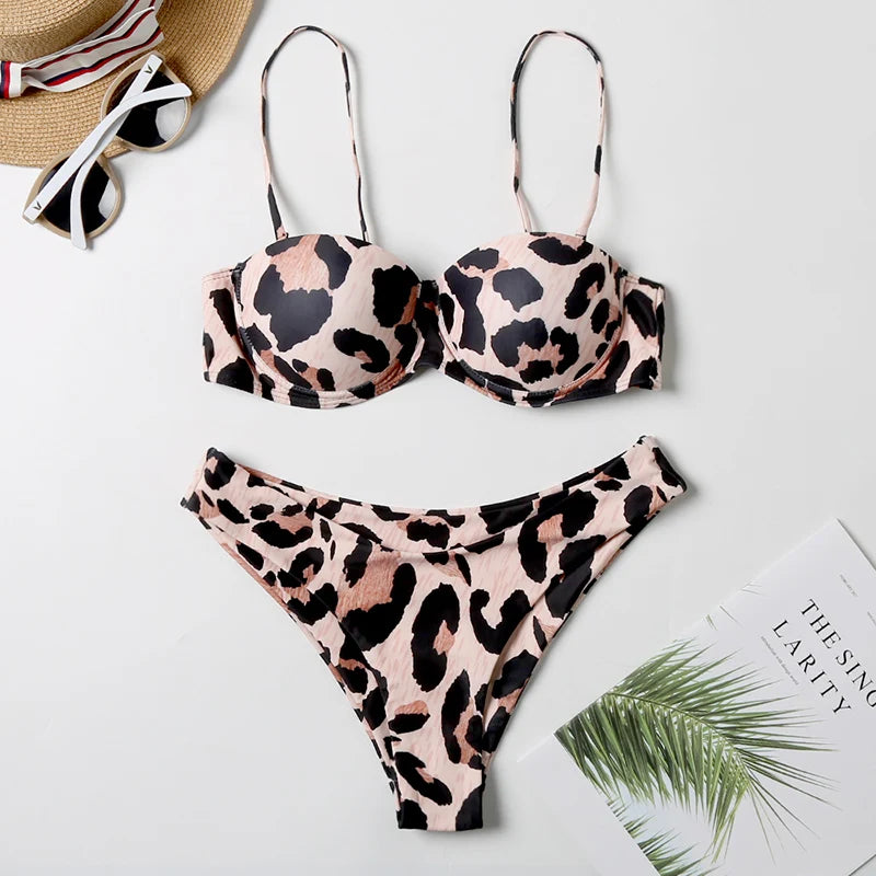 5 Colors New Sexy Strapless Swimsuit Women Push-up Padded Bathing Suit Fashion Leopard Print Bikini Set Beach Two Piece Swimwear