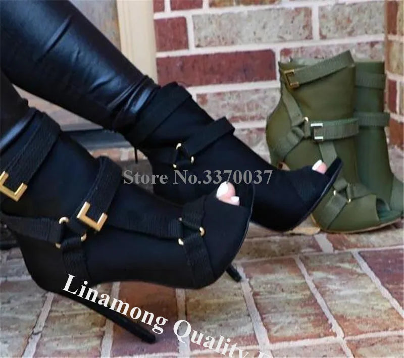 New Design Women Fashion Peep Toe Suede Leather Stiletto Heel Short Boots Buckles Strap Black Army Green High Heel Ankle Booties