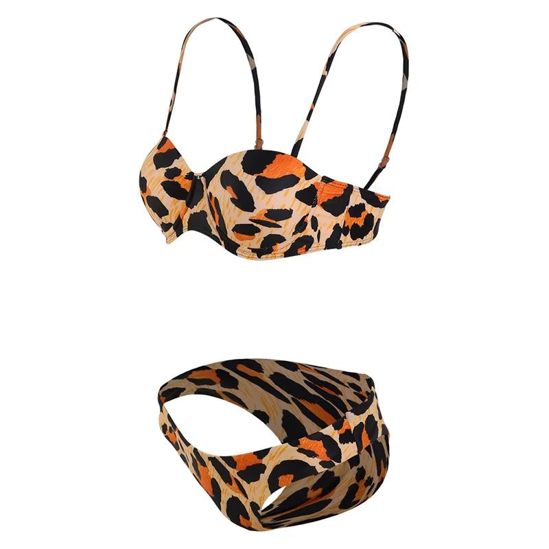 5 Colors New Sexy Strapless Swimsuit Women Push-up Padded Bathing Suit Fashion Leopard Print Bikini Set Beach Two Piece Swimwear