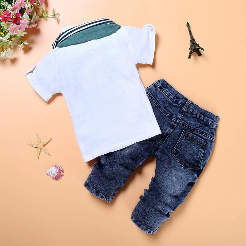 Spring Kids clothing Children's clothing Short Sleeved T-shirt + Jeans 2 Pcs  Boy Clothes Boys Casual Clothing Set Suit For Boy