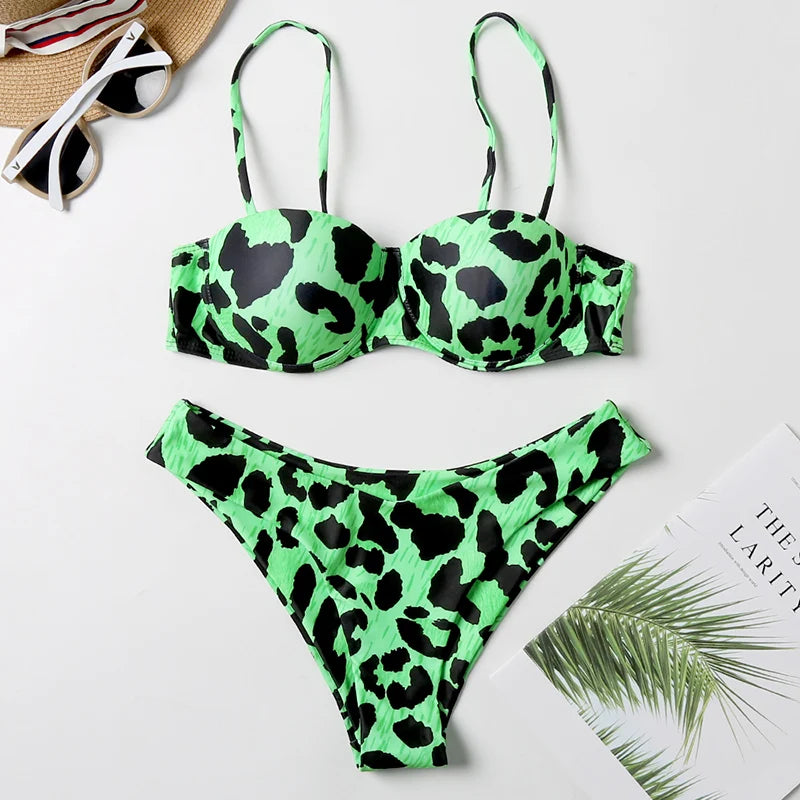 5 Colors New Sexy Strapless Swimsuit Women Push-up Padded Bathing Suit Fashion Leopard Print Bikini Set Beach Two Piece Swimwear