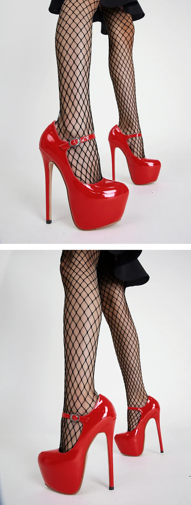 Sexy Red High Heels Platform Pumps 17cm Women Fashion Runway Patent Leather Round Toe Buckle Strap Party Wedding Stripper Shoes