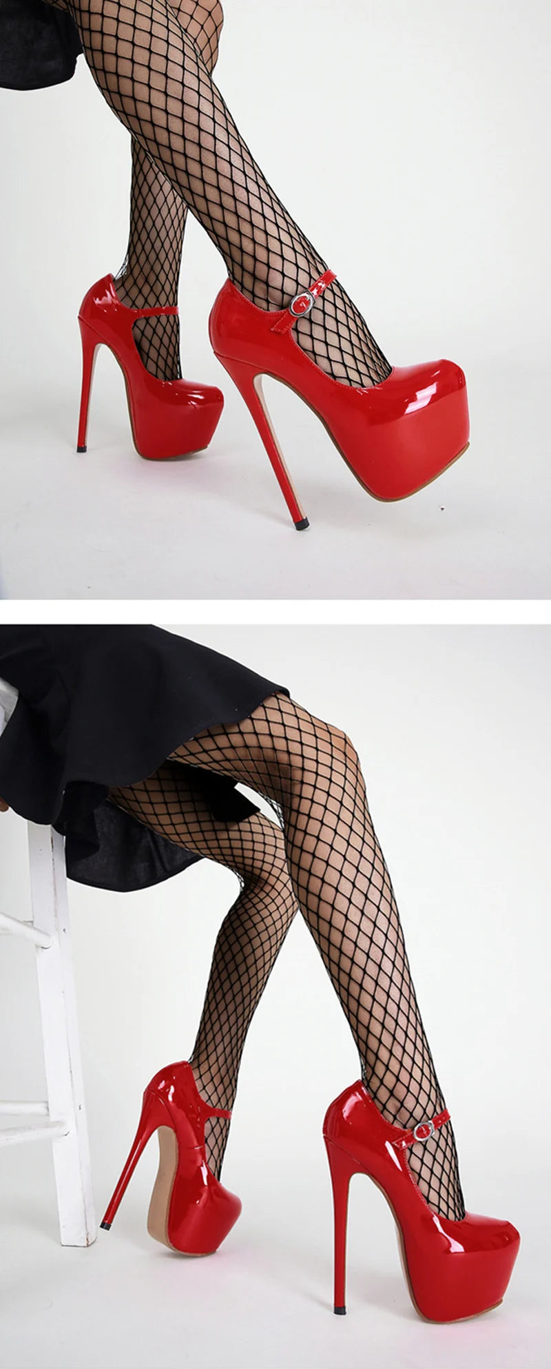 Sexy Red High Heels Platform Pumps 17cm Women Fashion Runway Patent Leather Round Toe Buckle Strap Party Wedding Stripper Shoes