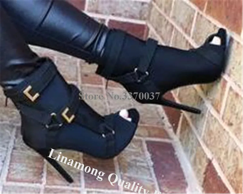 New Design Women Fashion Peep Toe Suede Leather Stiletto Heel Short Boots Buckles Strap Black Army Green High Heel Ankle Booties