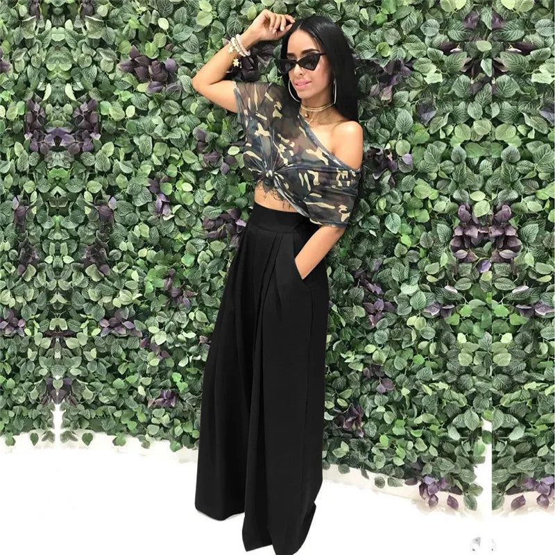 Women Casual Loose Palazzo Pants Autumn High Waisted Wide Leg Trousers Pleated Long Culottes Pants Elastic Waist Trouser Pockets