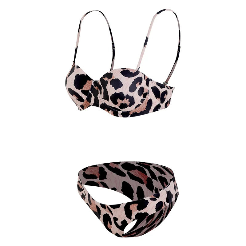 5 Colors New Sexy Strapless Swimsuit Women Push-up Padded Bathing Suit Fashion Leopard Print Bikini Set Beach Two Piece Swimwear