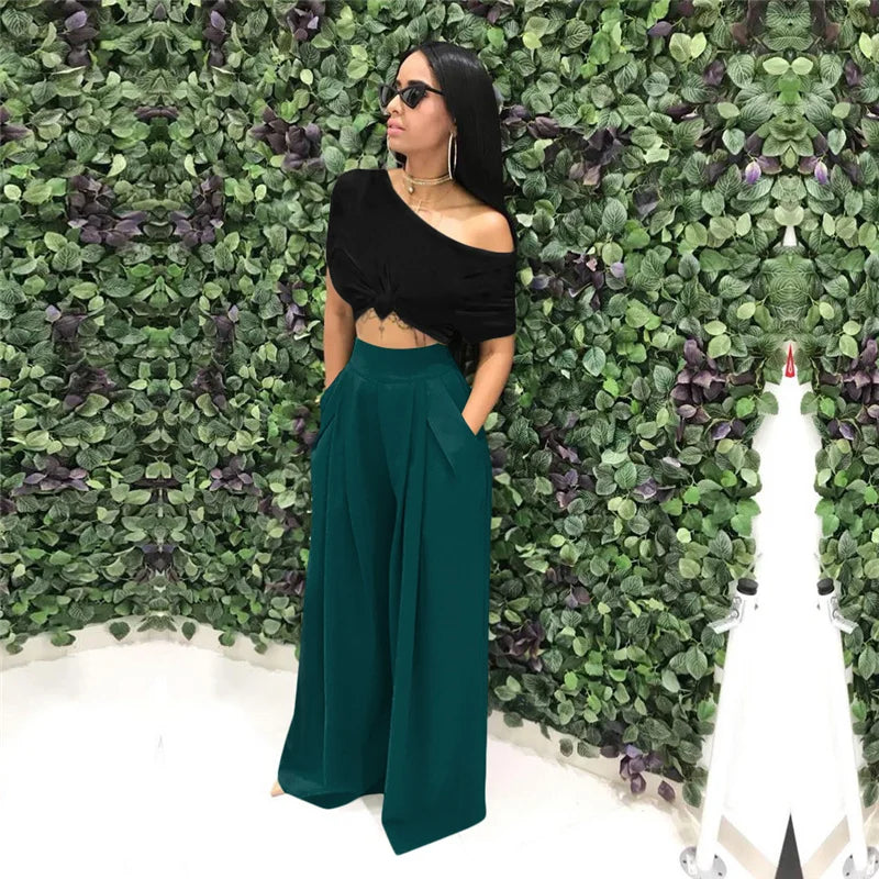 Women Casual Loose Palazzo Pants Autumn High Waisted Wide Leg Trousers Pleated Long Culottes Pants Elastic Waist Trouser Pockets