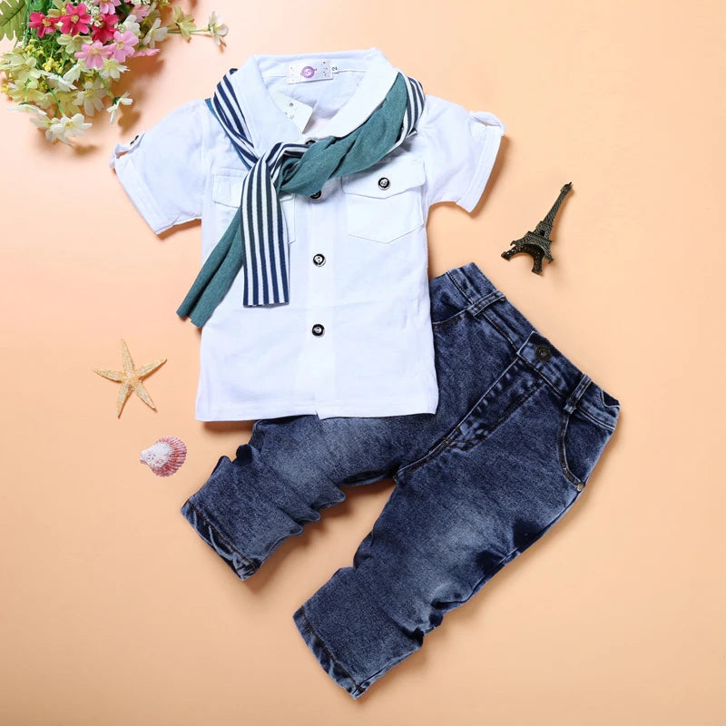 Spring Kids clothing Children's clothing Short Sleeved T-shirt + Jeans 2 Pcs  Boy Clothes Boys Casual Clothing Set Suit For Boy