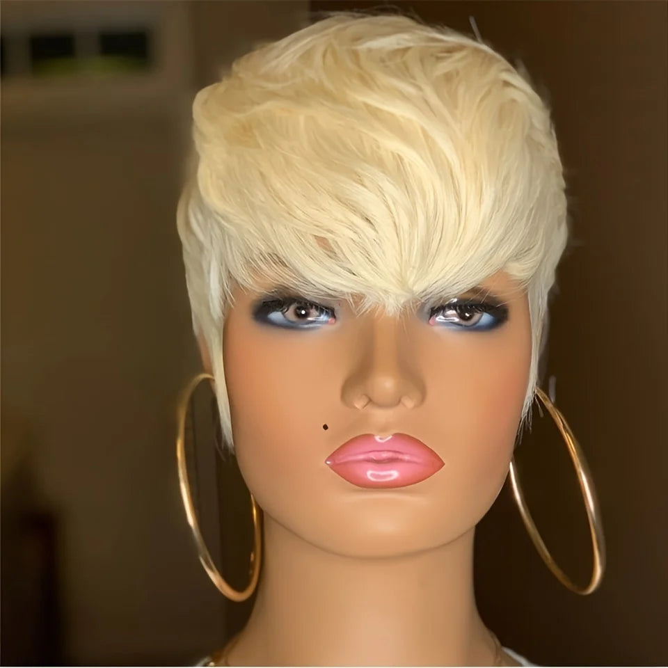 1B/27 Colored 1B/RED Color 613 Color Wig Short Pixie Cut Straight Human Hair Wig Remy Hair With Bangs Wig Full Machine Made Wig