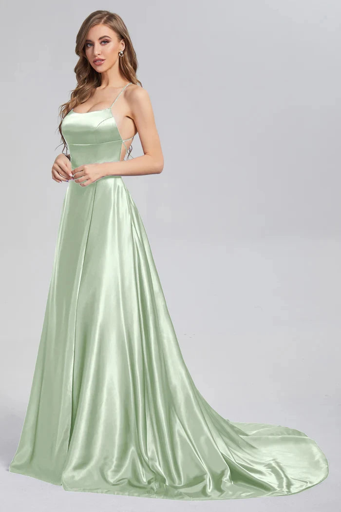 BABYONLINE Prom Dress Satin A-line Gown with Strappy Lace Up Back and High Skirt Slit Floor Length Wedding Bridesmaid Dresses
