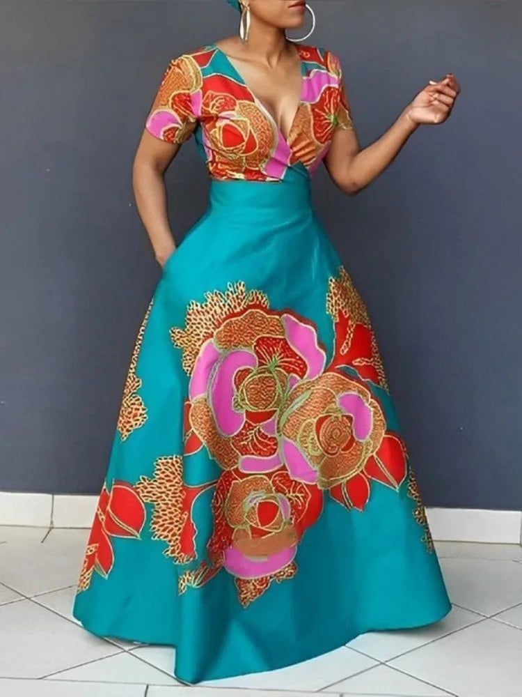 Freeacy Floral Printed Elegant Evening Dresses for Women Deep V-neck Short Sleeves High Waist Pleated Dress Slim Fit Maxi Dress