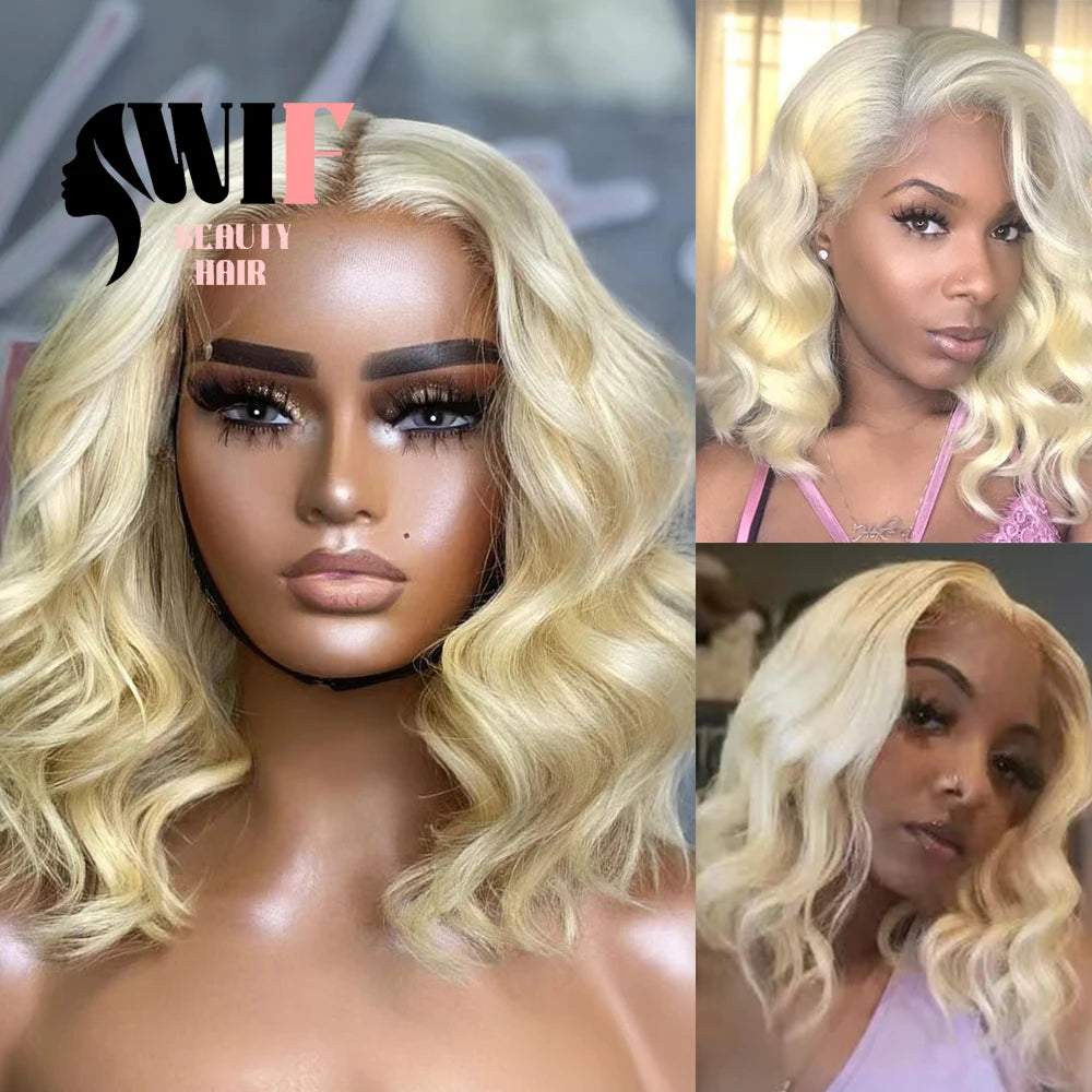 WIF 613 Blonde Short Bob Lace Front Wig Body Wave Bob Blond Hair Heat Fiber Synthetic Wigs Women Daily Use Fashion Golden Hair