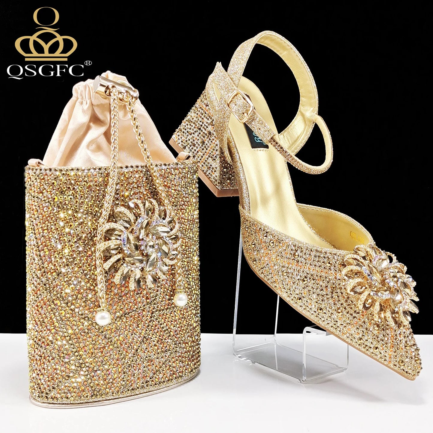 QSGFC Fashion Design High-end Women's Shoes with Diamond Oval Stand Bag Women's High Heels for Special Day or Work