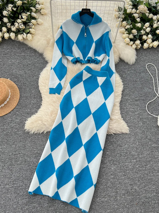 SINGREINY American Fashion Warm Suits Women Lapel Neck Zipper Tops+High Elastic Skinny Skirt Plaid Streetwear Two Pieces Sets