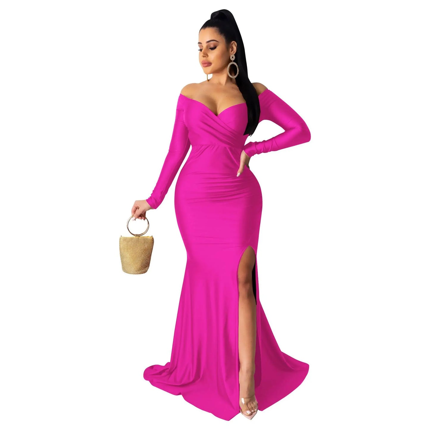 Pink Elegant Party Dresses Ladies Long Sleeve V Neck High Slit Maxi Dress High Waist Corset Metallic Bodycon Long Dress Vestidos