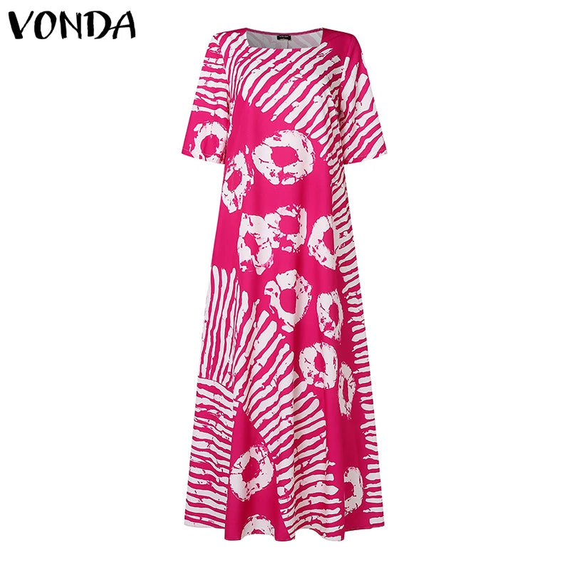 Plus Size Women Bohemian Maxi Dress 2025 Summer Printed Long Sundress VONDA Beach Party Vestidos Half Sleeve Casual Loose Robe