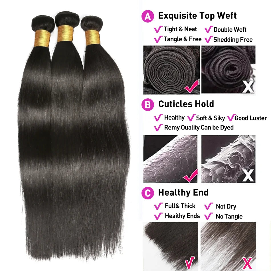 12A 30 32 Inch Straight Human Hair Bundles With 13x4 Frontal 100% Raw Indian Hair 4x4 Lace Closure Bundle Deal Human Hair Weaves