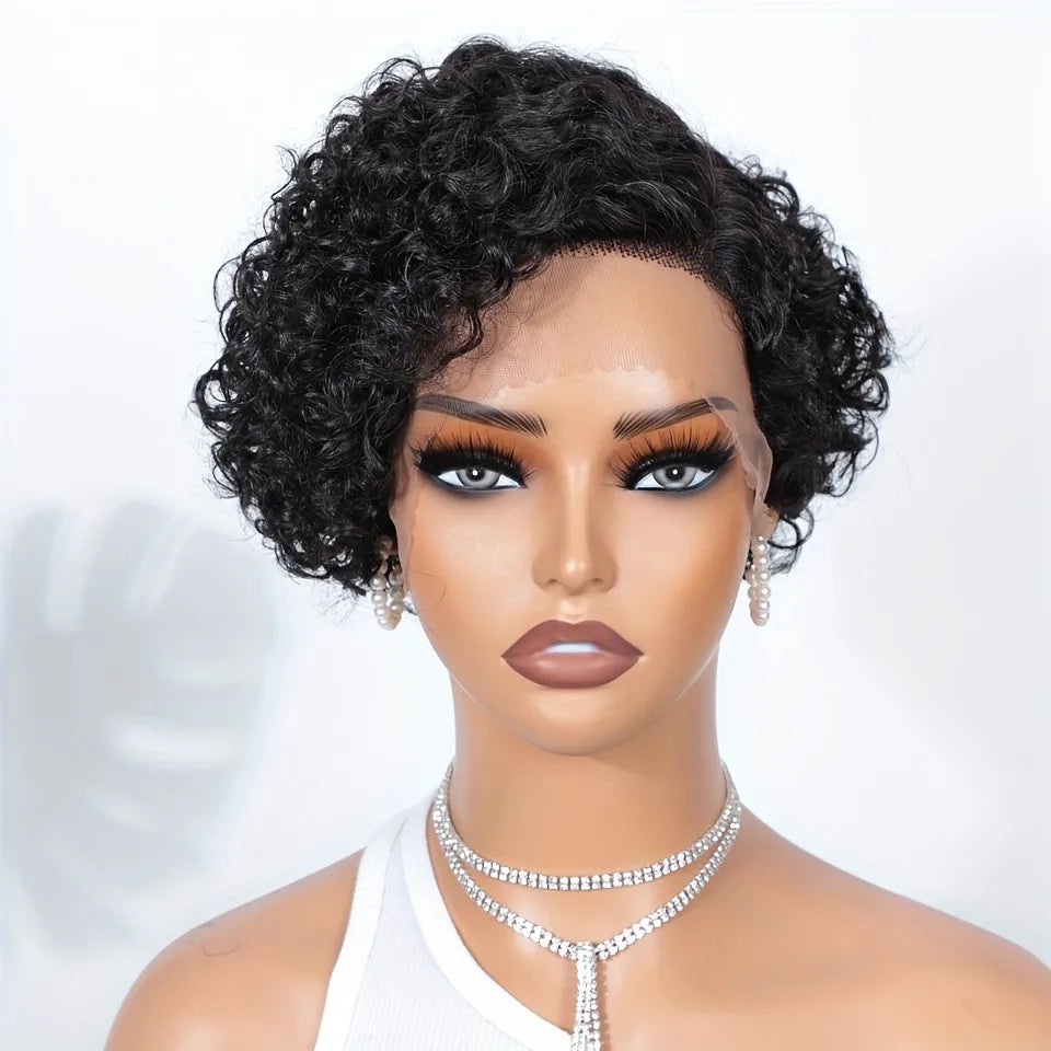 curly Short 13×1 T part Transparent Lace 6inch natural black color Human Hair remy Wigs For Women 150% density Pixie Cut Wig