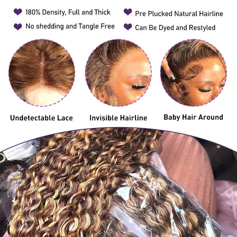 4/27 Highlight Ombre Deep Water Wave Short Bob Wigs Curly 13x4 HD Lace Front Wig 100% Real Human Hair Wig Ombre Brown Short Wig