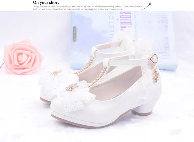 Children Party Leather Shoes Girls PU Low Heel Lace Flower Kids Wedding Shoes Girls Sandals Dance Dress Dance Shoe White Pink