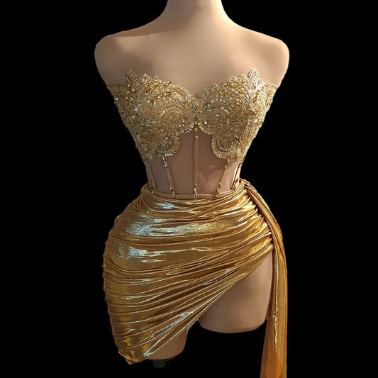 Prom Gown Outfit Sexy Girls Short Prom Dress Birthday Mini Dress Luxury Gold Diamond Formal Occasion Cocktail Dress 2-Piece Set