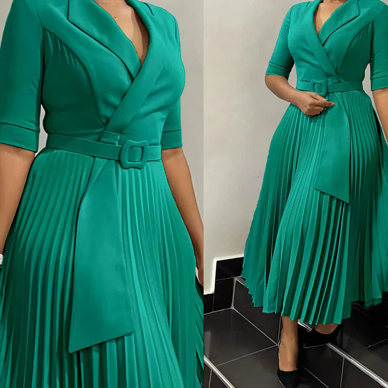 Women's Fall  new commuter fashion suit collar pleated waist plus size dress