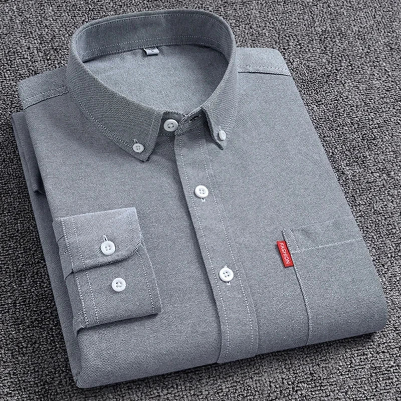 Men's Oxford Long Sleeve Shirts 100% Cotton Solid Color Turn Down Collar Regular Fit Daily Men Clothing Button-down Shirts 5XL