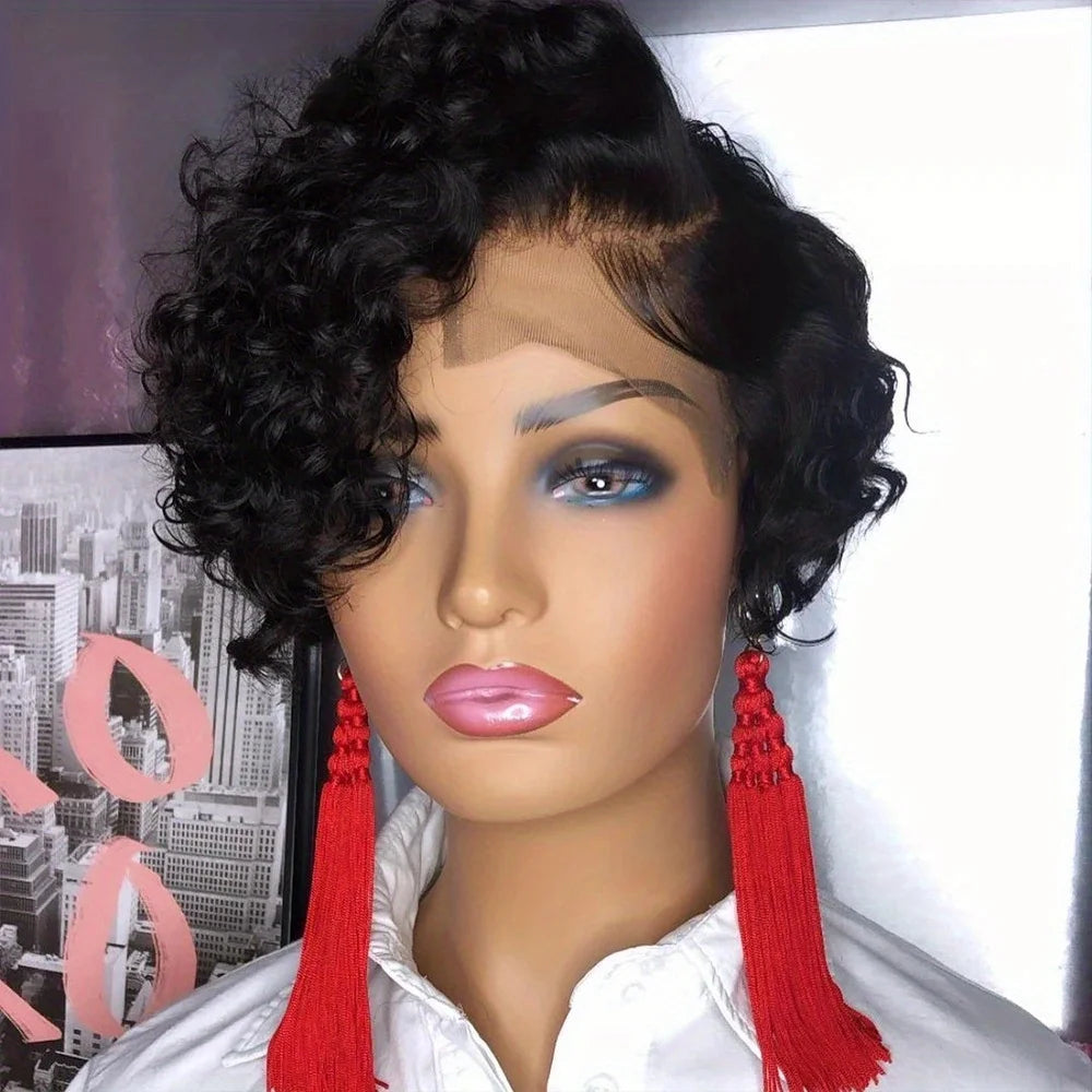 curly Short 13×1 T part Transparent Lace 6inch natural black color Human Hair remy Wigs For Women 150% density Pixie Cut Wig