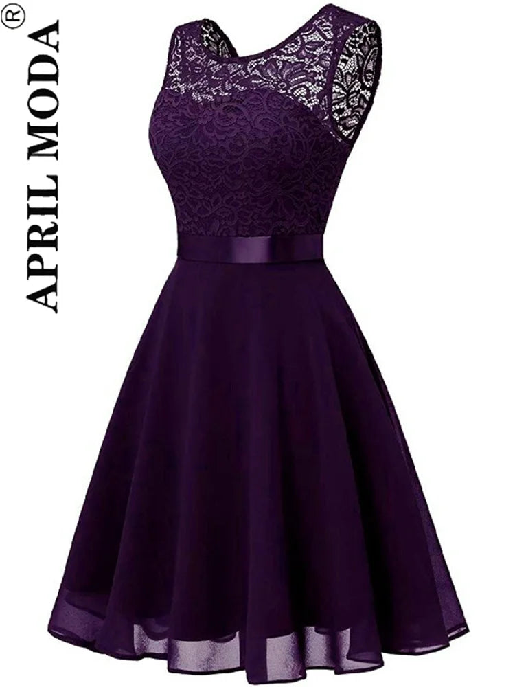 2025 Pink White Lace Chiffon Swing Dresses for Women Elegant Peplum High Waist Purple Sleeveless Party Robe Female A Line Dress