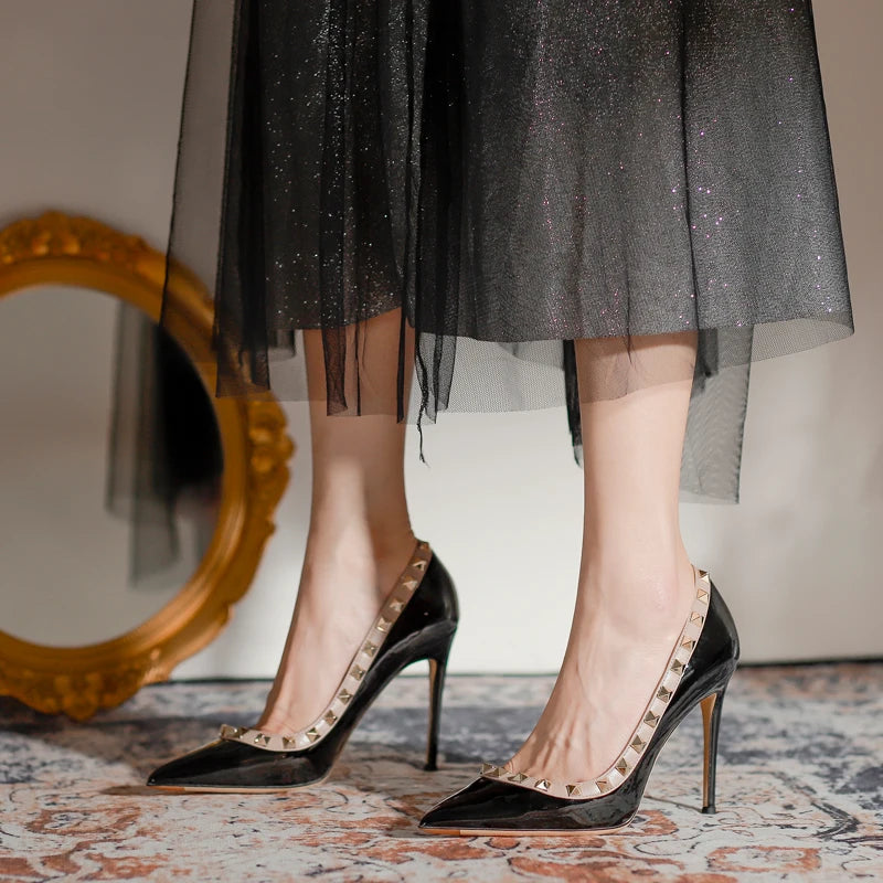 2025 New Luxury Brand High Heels Women's Shoes Metal Rivet Pointed Black Pumps Fashion Sexy Genuine Leather Women's Single Shoes