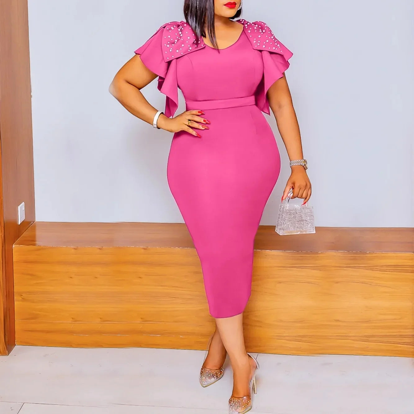 2023 Summer Fashionable Women Leaf Edge Dress High Waist Pure Color Trendy Zipper Closure Short Sleeve Dress