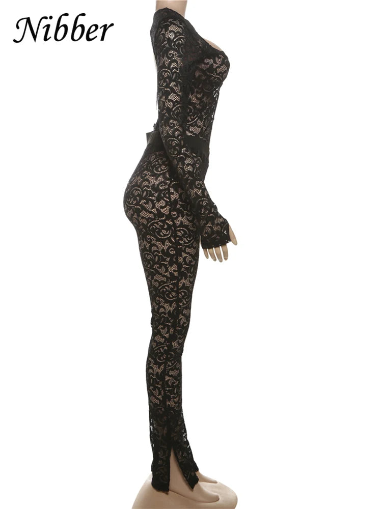 Nibber See Through 2 Piece Set Women Sexy  Hollow Jacquard Backless Bodysuit+Leggings Tight Activity Clubwear Skinny Outfits