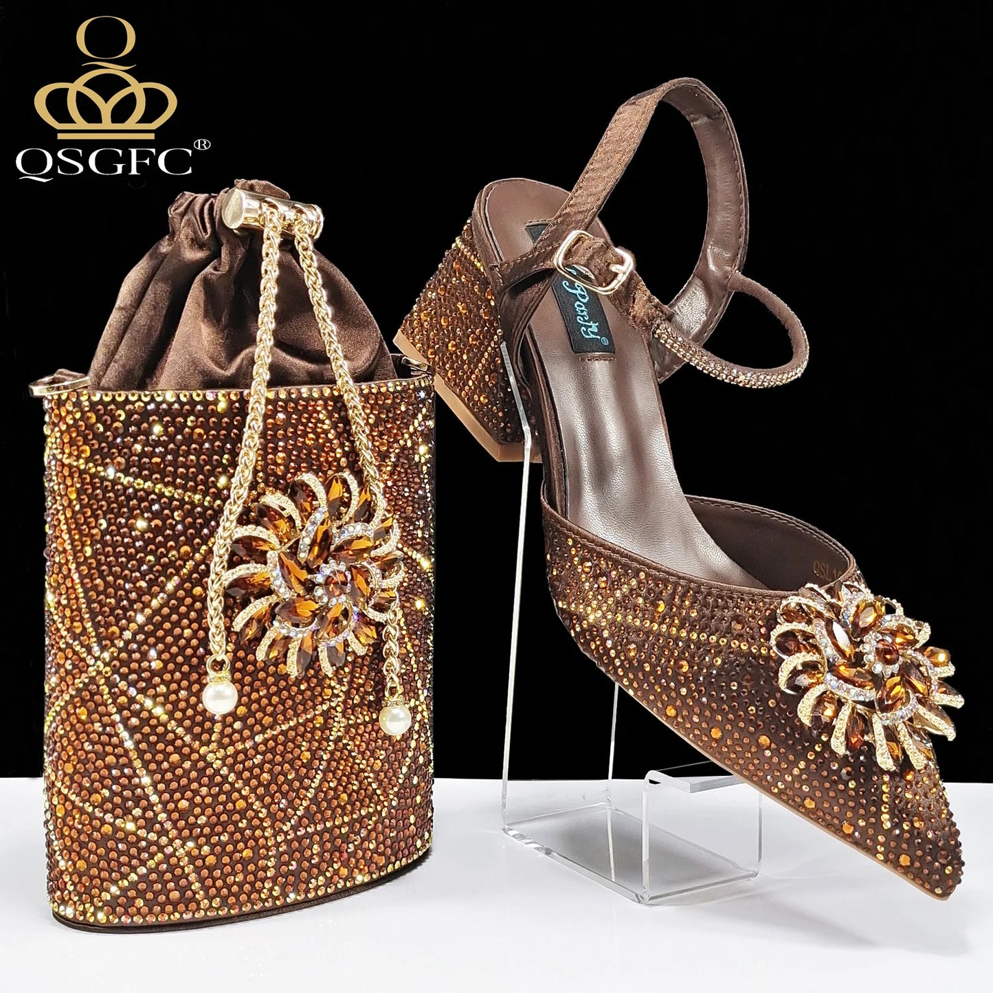 QSGFC Fashion Design High-end Women's Shoes with Diamond Oval Stand Bag Women's High Heels for Special Day or Work