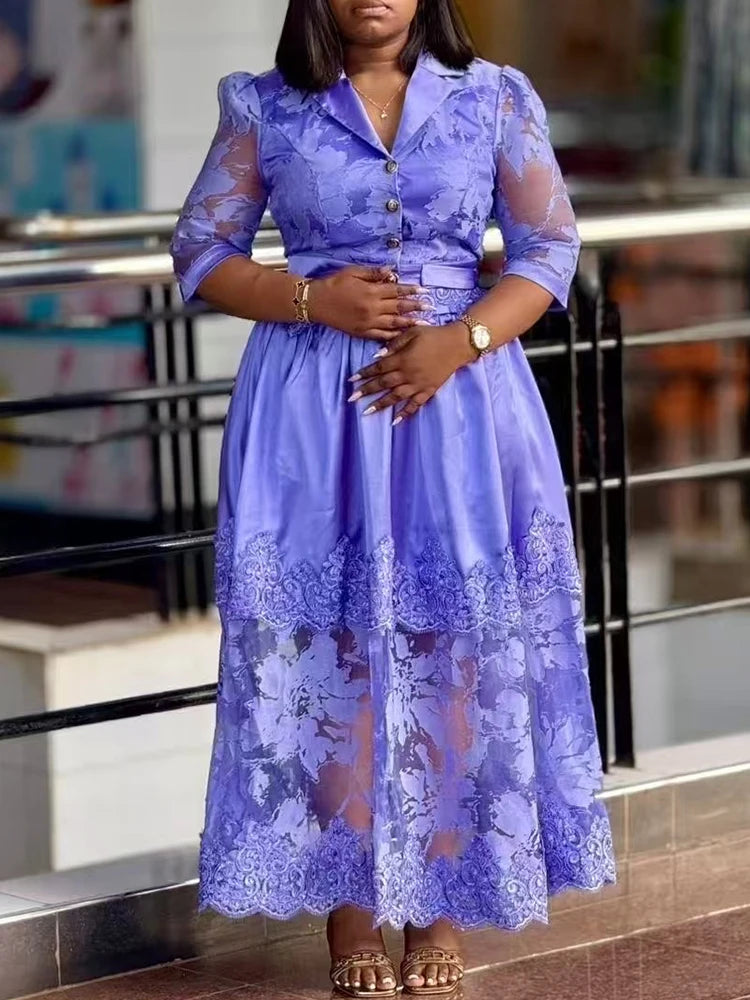 Retro embroidered lace lapel short shirt two-piece set for 2025 summer women's wear + applioned high-waisted loose skirt set