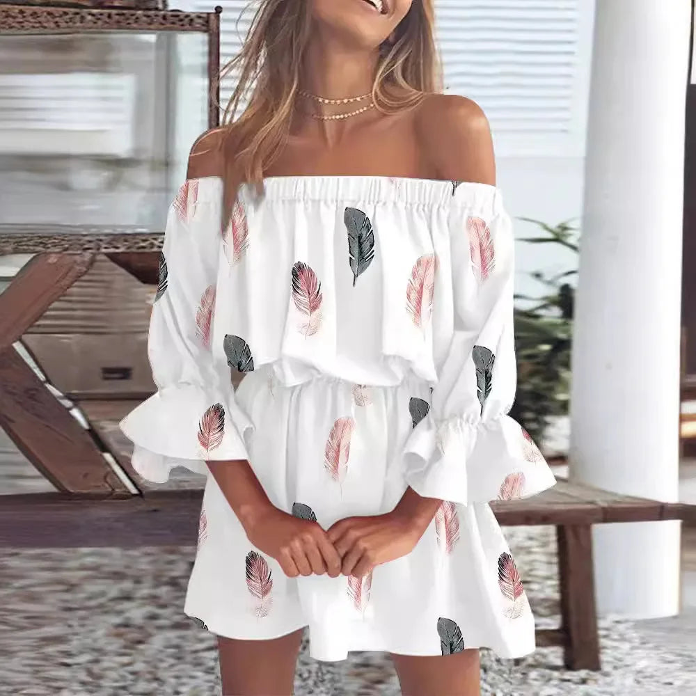 Sexy Slash Neck Long Flare Sleeve Floral Print Mini Dress Summer Women Boho Party Vestidos NMD-6650