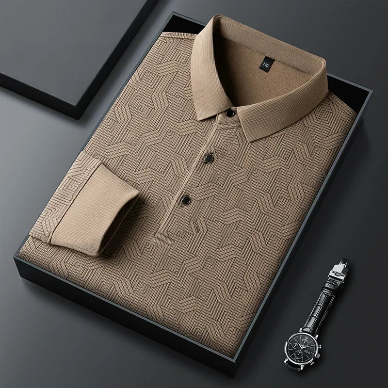 New Men's Business Casual Long Sleeved Shirt with Badge Solid Color Polo Shirt Fashionable Breathable Comfortable Versatile Top