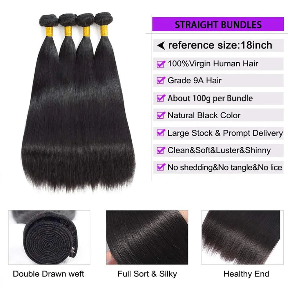Straight Hair Bundles With Closures Brazilian Remy Human Hair Bundles and Closure 13x4 Lace Frontal Natural Black #1B For Women