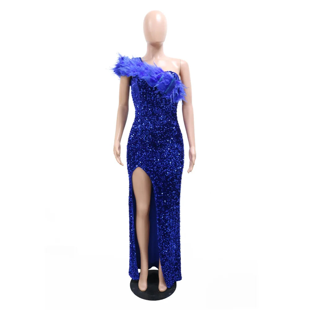 HBLL Women Sequined Feather One Shoulder High Side Split Bodycon Midi Maxi Dress Sexy Club Evening Party Long Dresses Vestidos