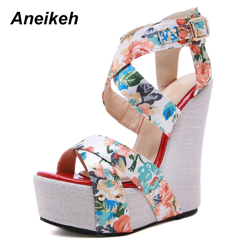 Aneikeh Women Wedges Sandals Summer Platform Sandals High Heels Shoes Ankle Strap Designer Silk Print Footwear Sandals Pumps