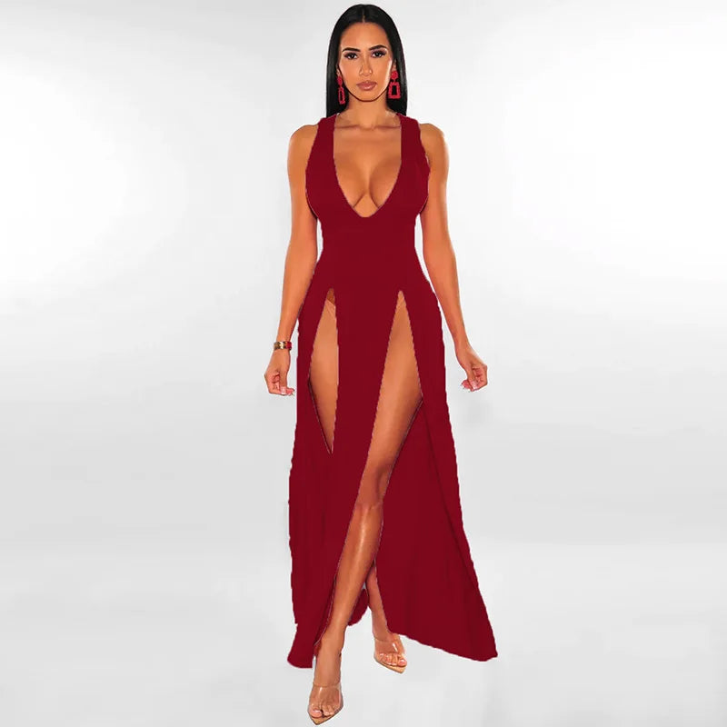 Sexy Woman Club Dress Backless Sleeveless Deep V-Neck High Waist Slit Maxi Dress Birthday Midnight Party Elegant Women Dress