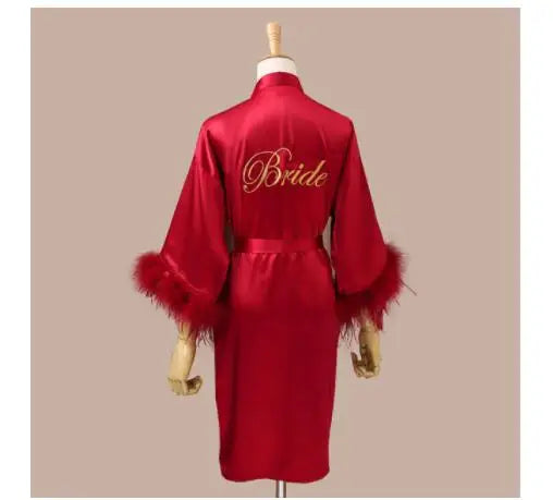 Women FEATHER Bride Bridesmaid Wedding Robe Satin Kimono Bathrobe Gown Nightwear Embroidery Letter Nightgown V-Neck Lingerie