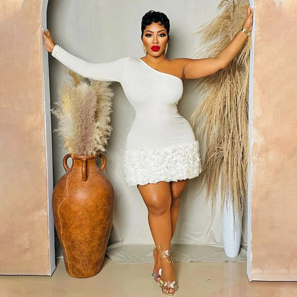 CM.YAYA Women Knit Ribbed Rose Floral Applique One Long Sleeve Bodycon Midi Dress 2024 Club Sexy Party Evening Dresses Vestidos