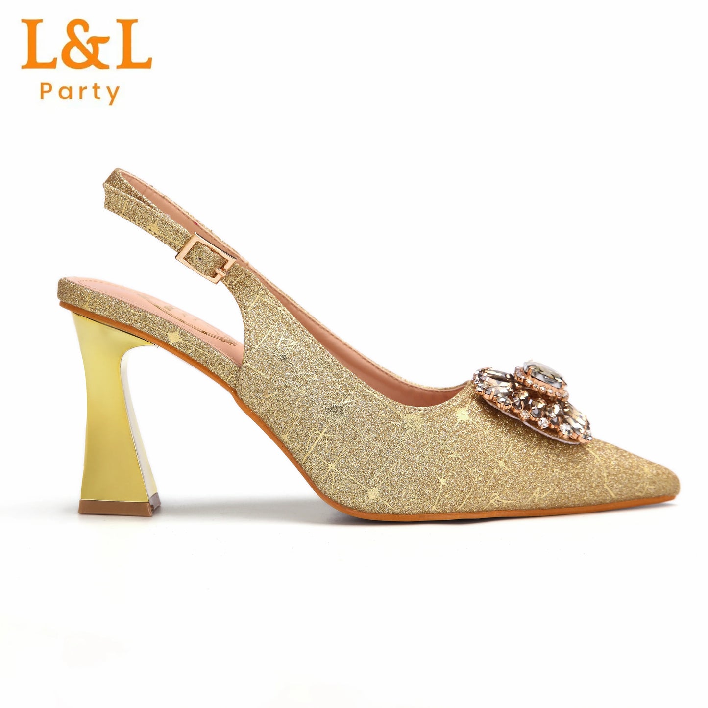 2024 Latest Italian Design African Women's High Heels Pointed Toe Sandals Party Wedding Party Gold Color Shoes and Bags Set