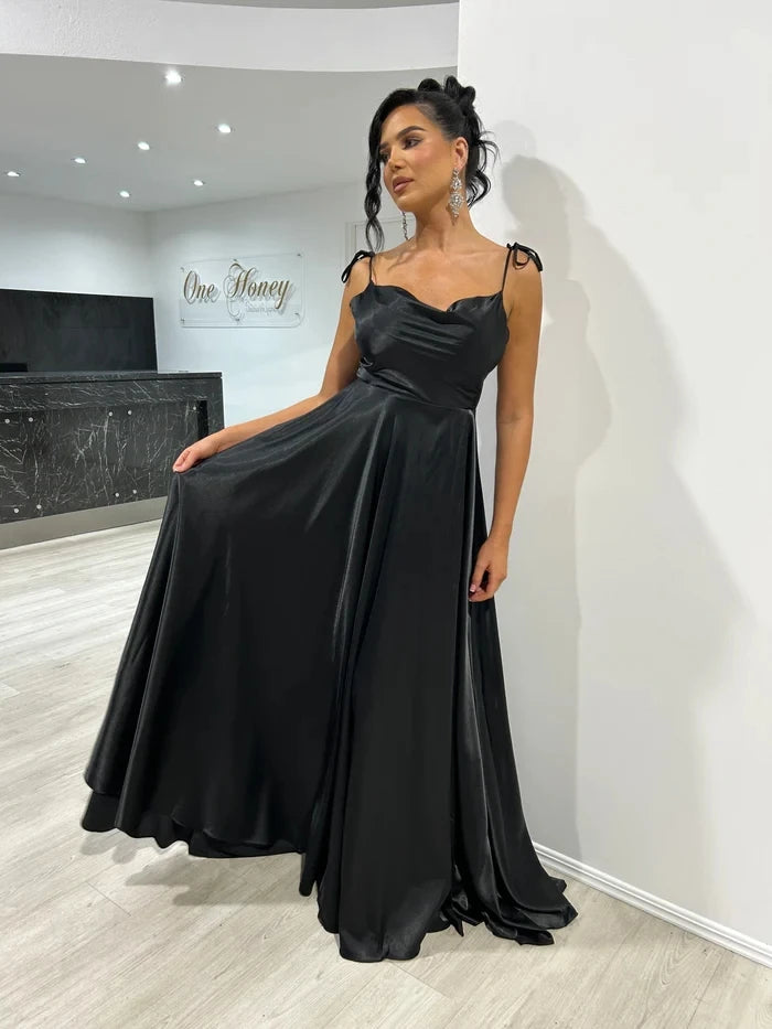 BABYONLINE Prom Dress Satin A-line Gown with Strappy Lace Up Back and High Skirt Slit Floor Length Wedding Bridesmaid Dresses