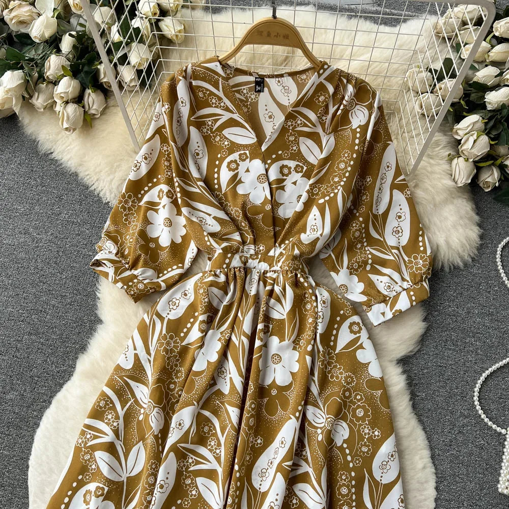 Summer Holiday Floral Beach Wrap Dress Women V Neck Short Sleeves Chic A Line Dress Bohemian Vintage Print Long Dress