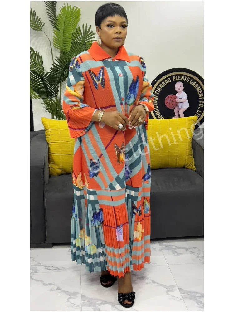 ANLAN Miyake Pleated Dress Women's Fashion Printed Lapel Single-breasted Elegant Cardigan Dresses 2025 Spring New Style 9AN0518