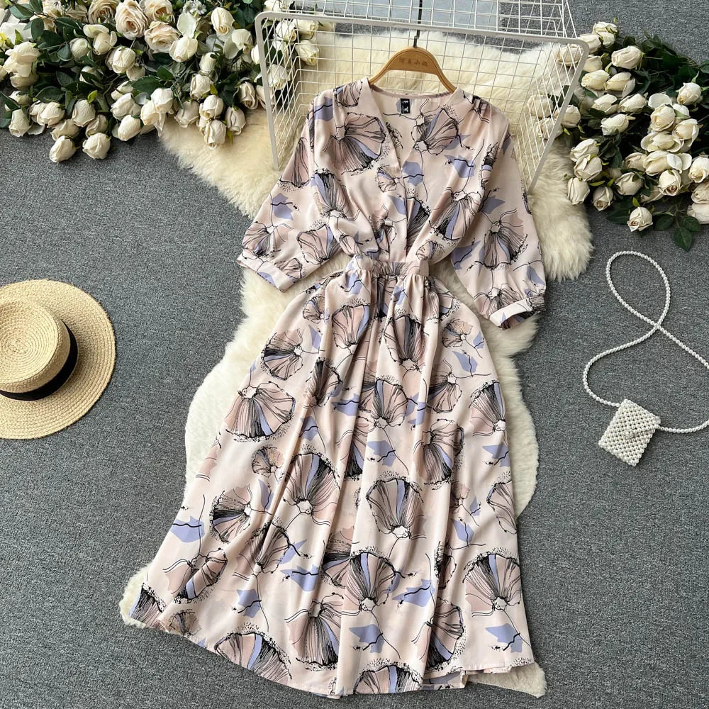Summer Holiday Floral Beach Wrap Dress Women V Neck Short Sleeves Chic A Line Dress Bohemian Vintage Print Long Dress